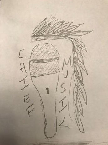 Cheif Musik Logo; Designed with a Microphone that is decorated with a Cheif Bonnett that has eagle feathers for each accomplishment earned by a warrior.